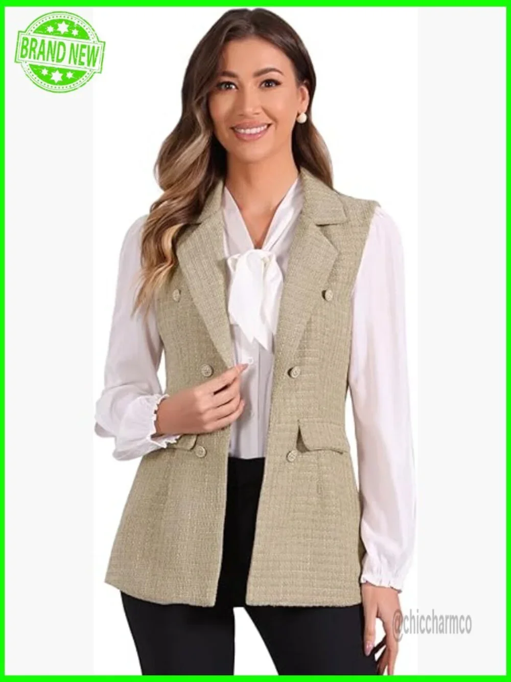 Vintage Tweed Blazer Vest Open Front Plaid Sleeveless Cardigan Casual Work Vest